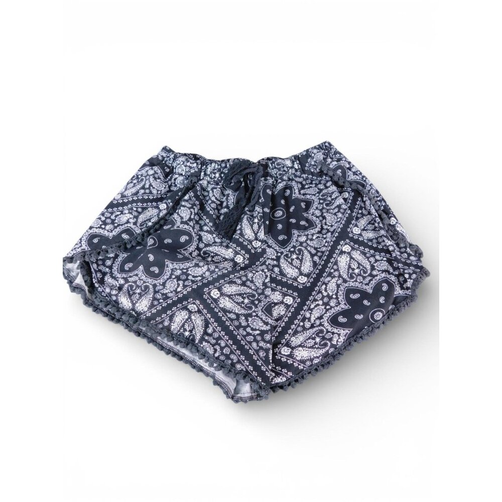 Paisley Shorts Womens XS Blue Boho Tassel Fringe Hot Pants Lounge Casual Summer